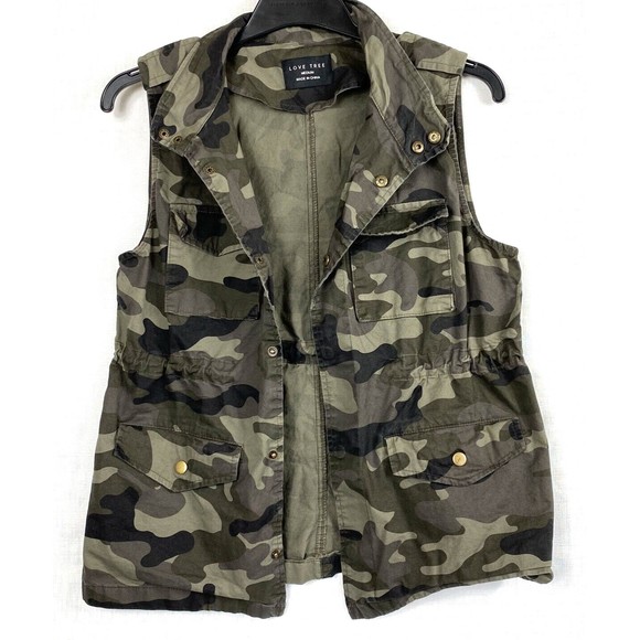 Love Tree Women’s Camo Snap Button Cinchable Waist Collar Multi Pocket Vest Med - Picture 4 of 16